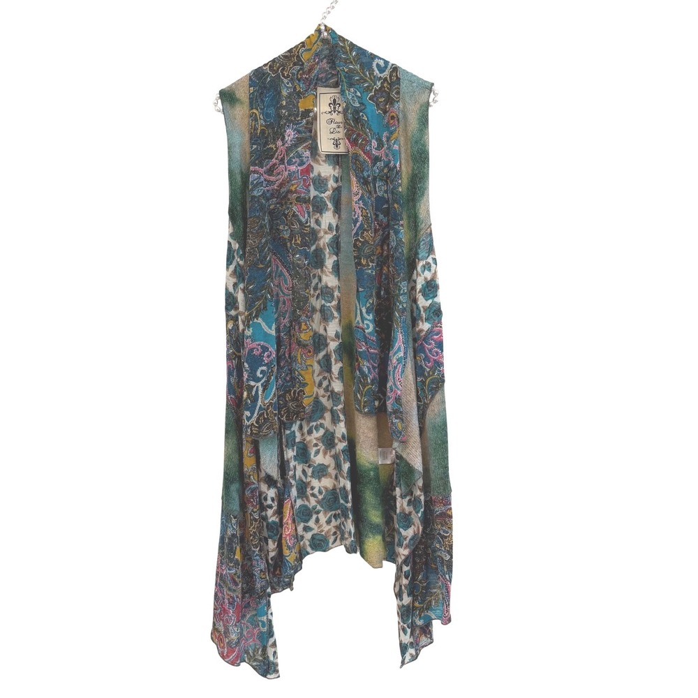 Fleur De Lis Boho Mixed Media Print Open Front Asymmetric Draped Scarf Vest M